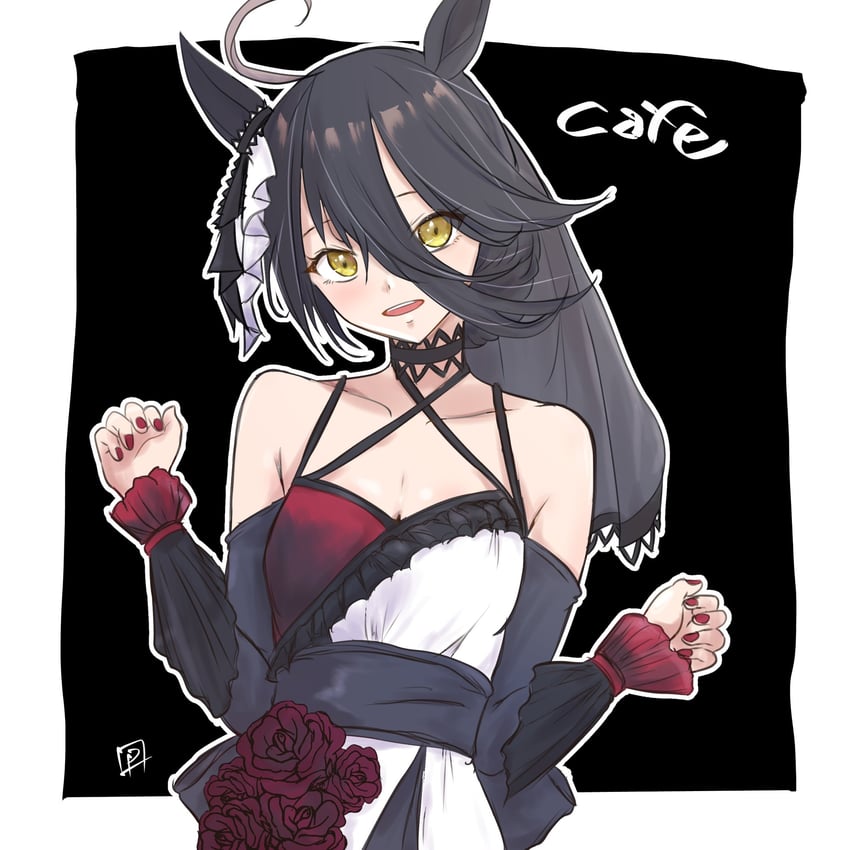 赛马娘、曼城茶座 (Mysterious Rose) (赛马娘)、曼城茶座 (赛马娘) 1名女孩 兽耳 露肩 黑发 乳房