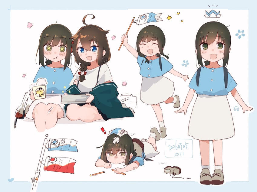舰队Collection、吹雪 (舰娘)、吹雪 (吴镇守府) (舰队Collection) 2名女孩 :D 幼化 呆毛 短袜