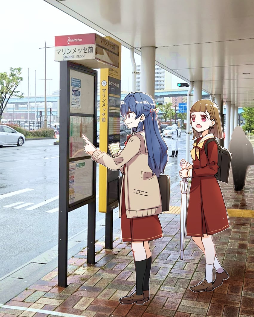 Love Live!、Love Live! 莲之空女学院学园偶像部、本居小铃 2名女孩 黑袜 蓝发 蓝色丝带 棕色开襟衫