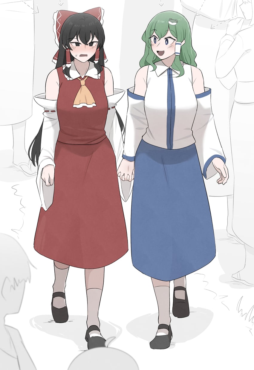 东方Project、博丽灵梦、东风谷早苗 2名女孩 阿斯科特领巾 黑瞳 黑发 黑鞋