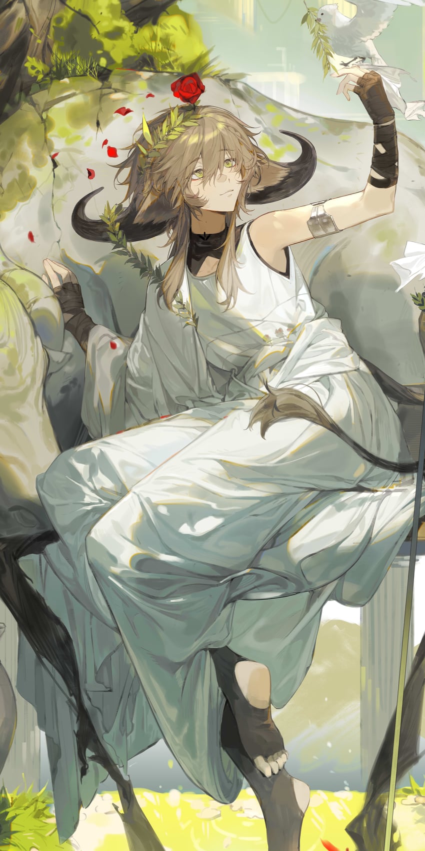 明日方舟、帕拉斯 (明日方舟)、帕拉斯（传承）（明日方舟） 1名女孩 1个其他角色 古希腊服饰 兽耳 举手