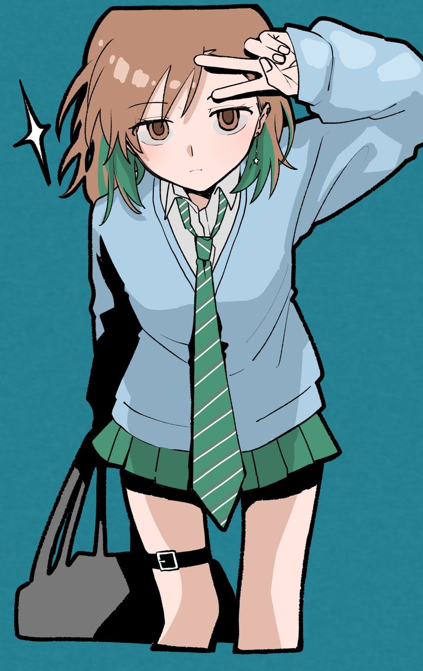 某科学的超电磁炮、魔法禁书目录、御坂美琴 1名女孩 蓝色针织衫 棕眼睛 棕发 开襟衫