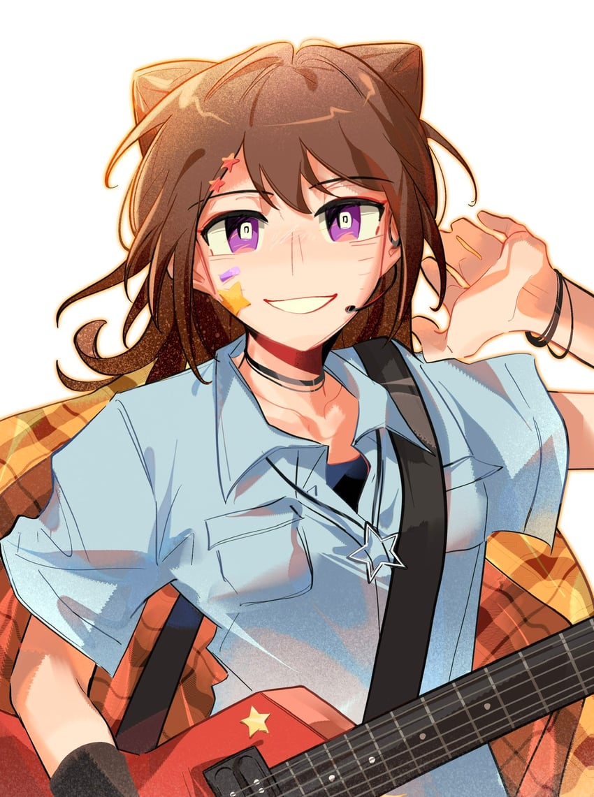 BanG Dream!、少女乐团派对！、户山香澄 1名女孩 黑色项圈 蓝色衬衫 棕发 项圈