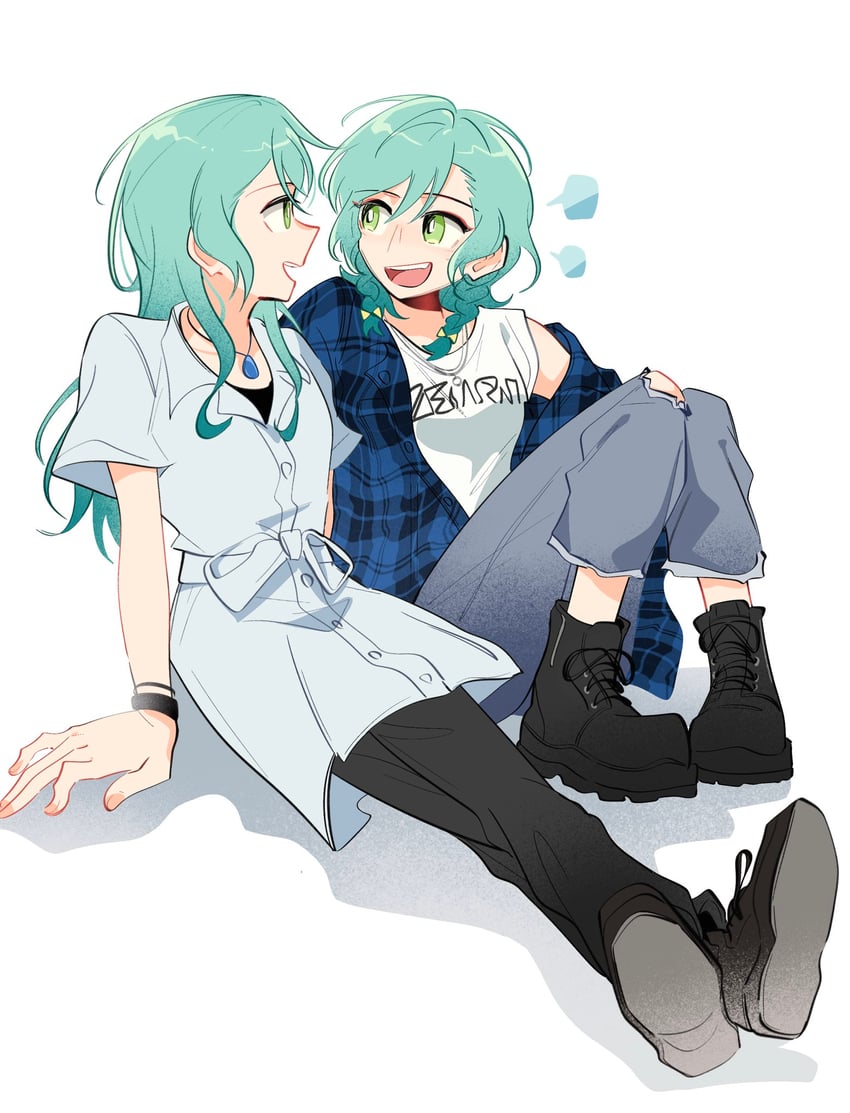 BanG Dream!、少女乐团派对！、冰川日菜 2名女孩 水色发 黑裤子 黑鞋 蓝色夹克