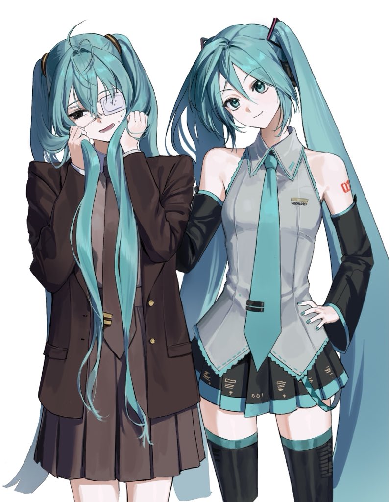 监控 (Vocaloid)、VOCALOID、初音未来 2名女孩 水色瞳 水色发 水蓝色领带 露肩