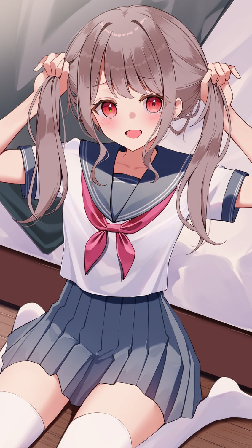 原创 1名女孩 脸红 棕发 全身 灰色水手领