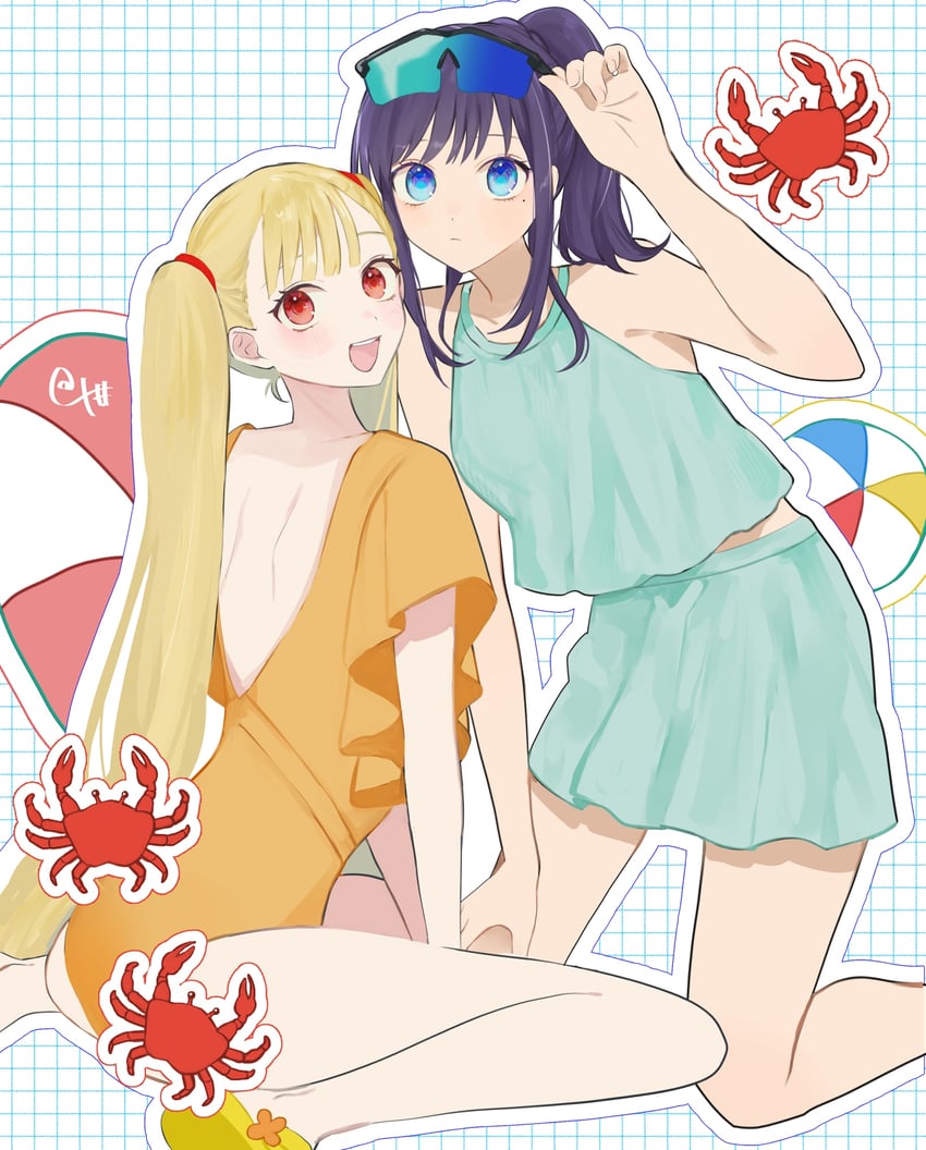 超辉夜姬!、辉夜 (超辉夜姬!)、坂寄伊吕波 2名女孩 比基尼 蓝色比基尼 蓝眼 螃蟹