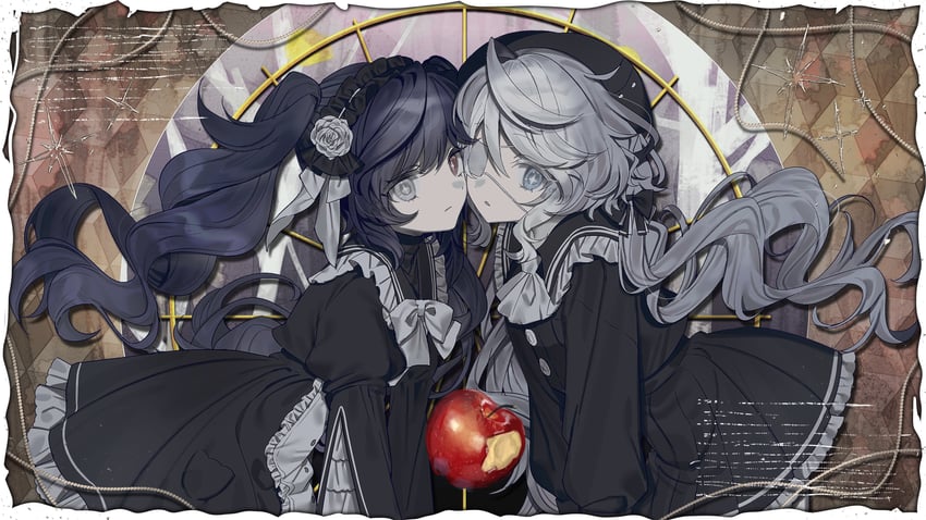 原创 2名女孩 呆毛 苹果 黑色蝴蝶结 黑色连衣裙