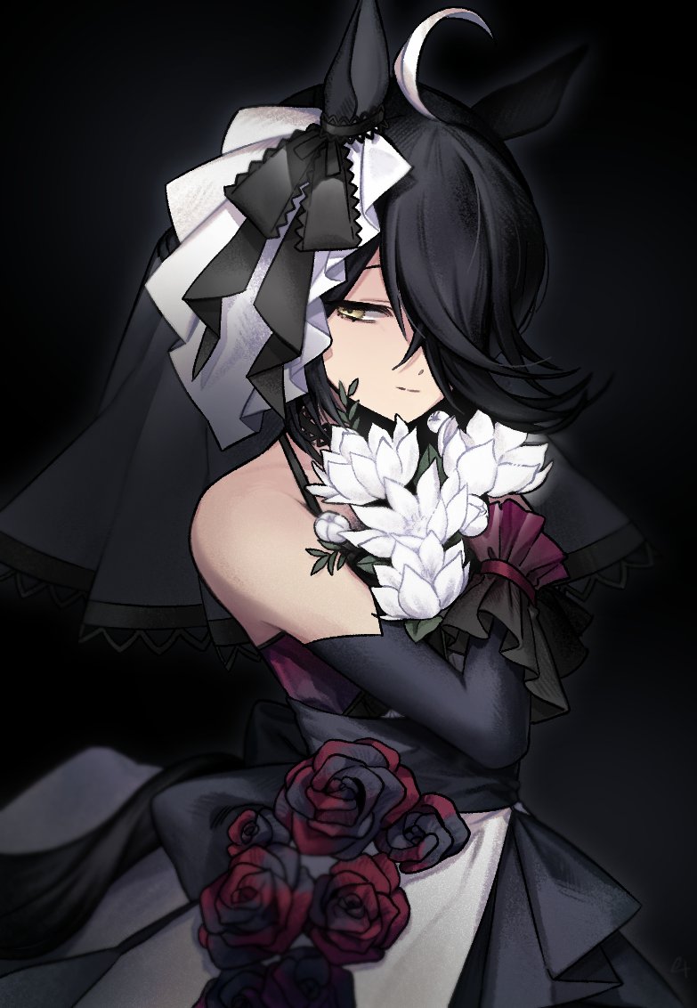 赛马娘、曼城茶座 (Mysterious Rose) (赛马娘)、曼城茶座 (赛马娘) 1名女孩 呆毛 兽耳 黑色背景 黑色项圈