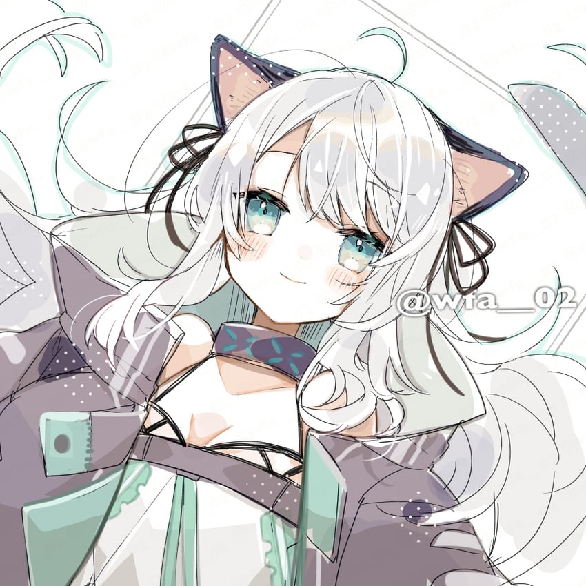 明日方舟、薄荷 (明日方舟) 1名女孩 呆毛 兽耳 露肩 黑色夹克