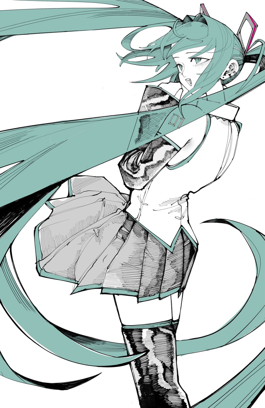 VOCALOID、初音未来 1名女孩 水色瞳 水色发 露肩 黑色袖子