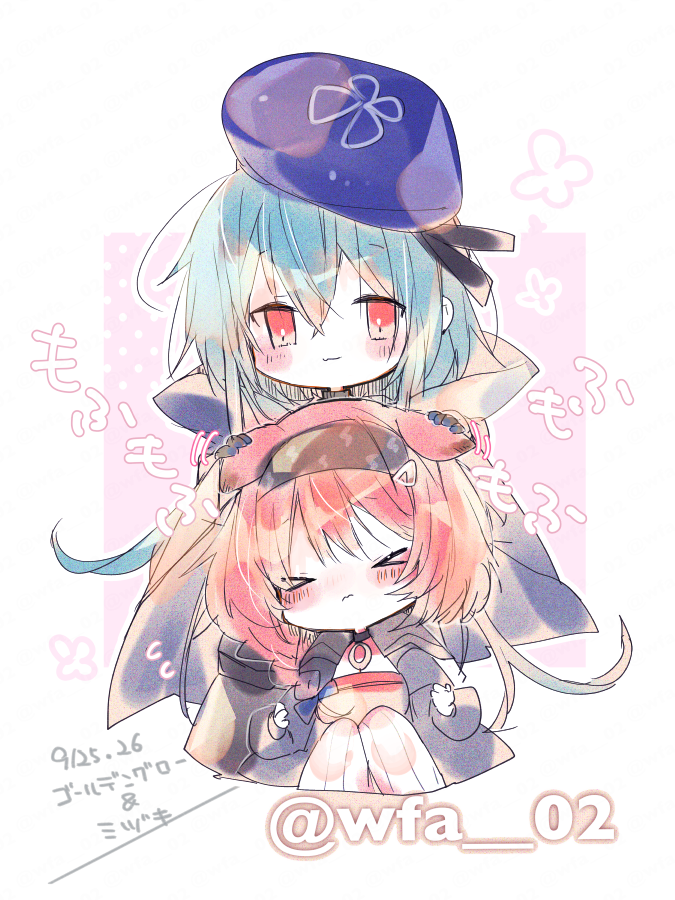 明日方舟、澄闪 (明日方舟)、水月 (明日方舟) 1名男孩 1名女孩 闭眼挤眼 兽耳 贝雷帽