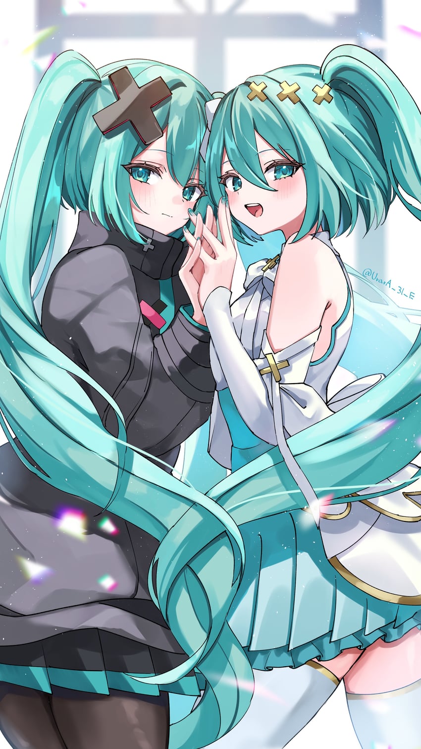 毁坏的世界与无法歌唱的初音未来、世界计划、VOCALOID 2名女孩 水色瞳 水色发 腋窝褶皱 黑色连衣裙