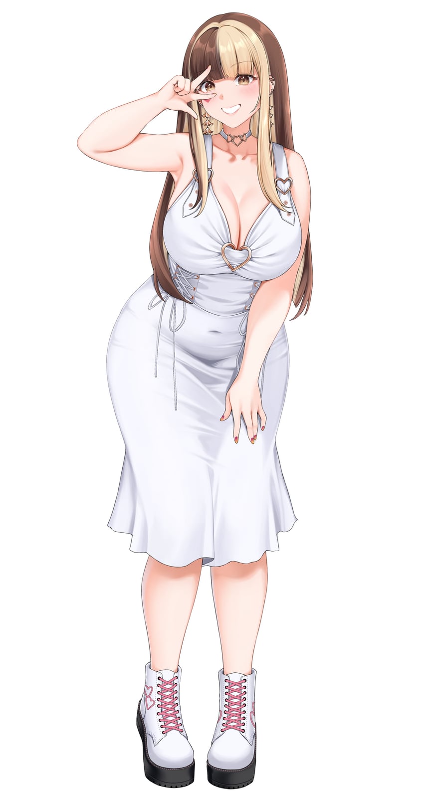 二次元插画 1名女孩 露肩 金发 靴子 乳房