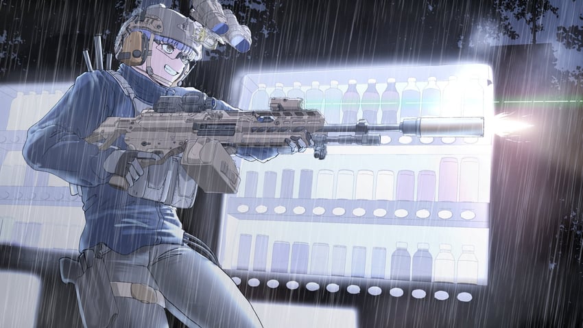 原创 1名女孩 蓝色夹克 胸挂 耳罩 开火