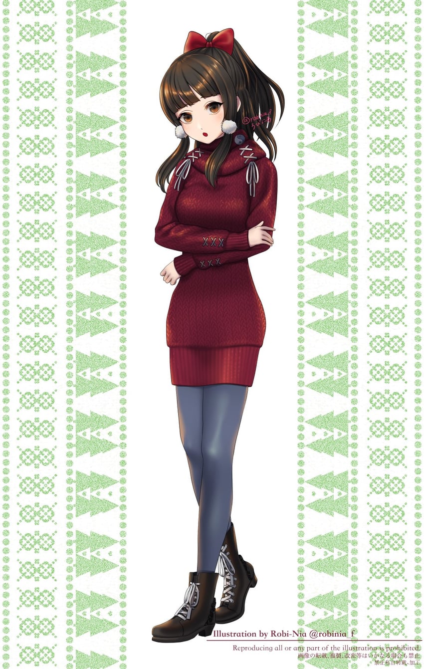 东方Project、博丽灵梦 1名女孩 替换服装 不同发型 手托胸 靴子