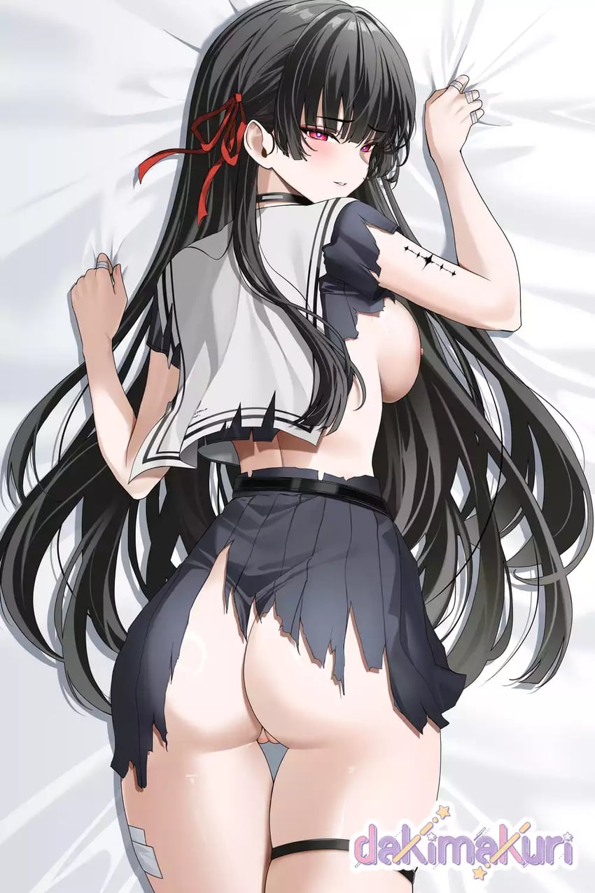 鸣潮、炽霞 (鸣潮) 1名女孩 屁股 黑色项圈 黑发 黑色水手服