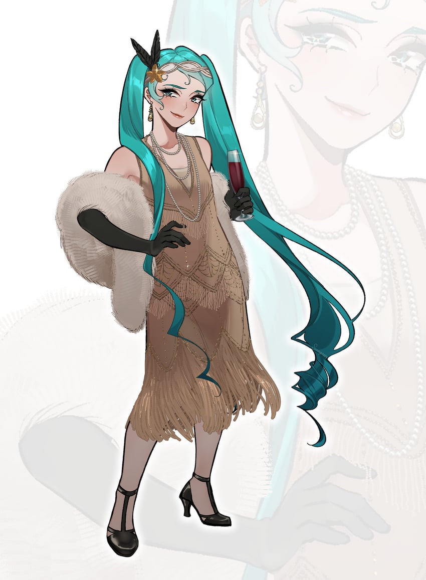 VOCALOID、初音未来 1920年代时尚 1名女孩 替换服装 水色瞳 水色发