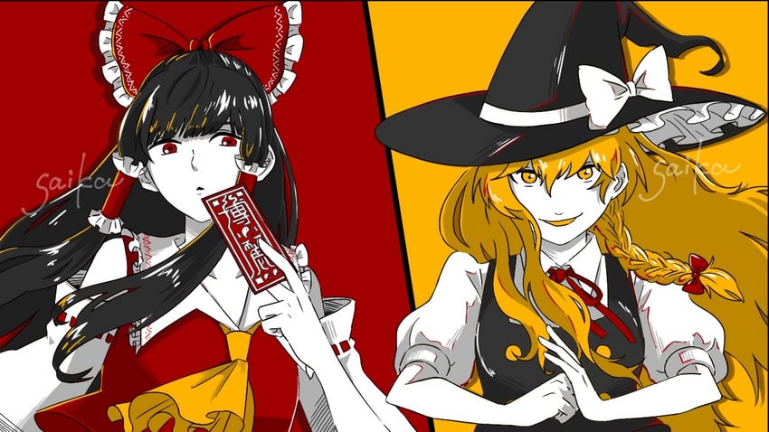 东方Project、博丽灵梦、雾雨魔理沙 2名女孩 阿斯科特领巾 指缝 黑帽子 黑色马甲