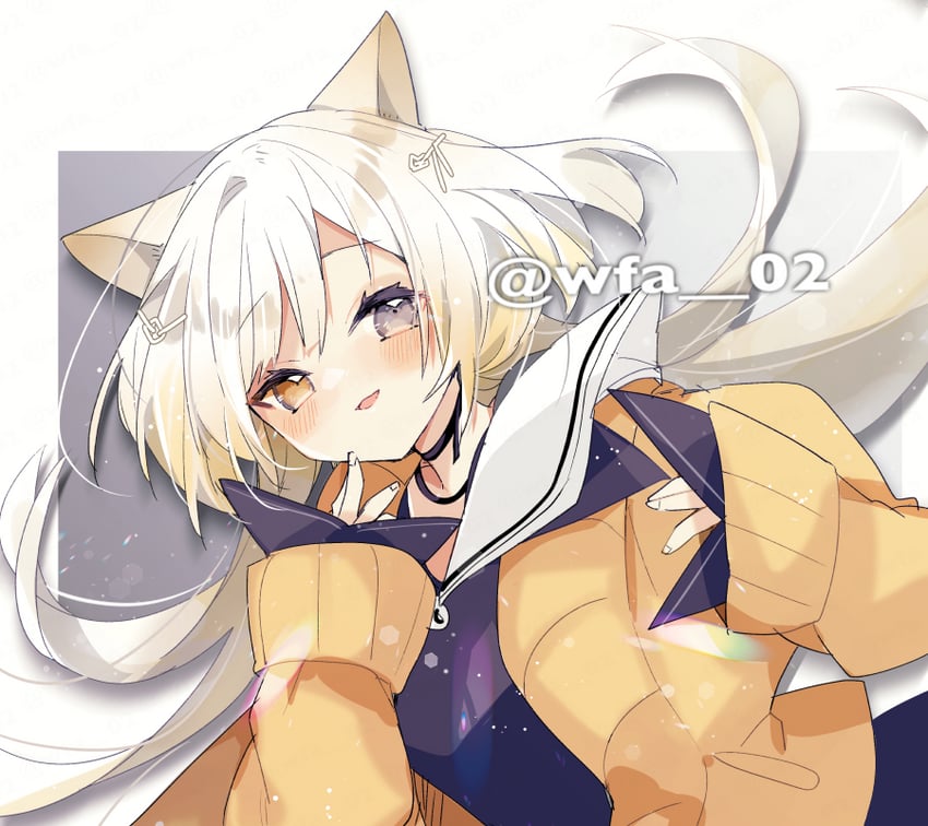 明日方舟、夜魔 (明日方舟) 1名女孩 兽耳 金发 脸红 开襟衫