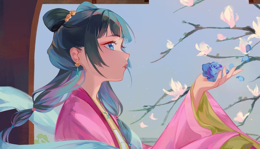 药屋少女的呢喃、猫猫 (药屋少女的呢喃) 1名女孩 蓝眼 蓝花 齐刘海 中国风服饰