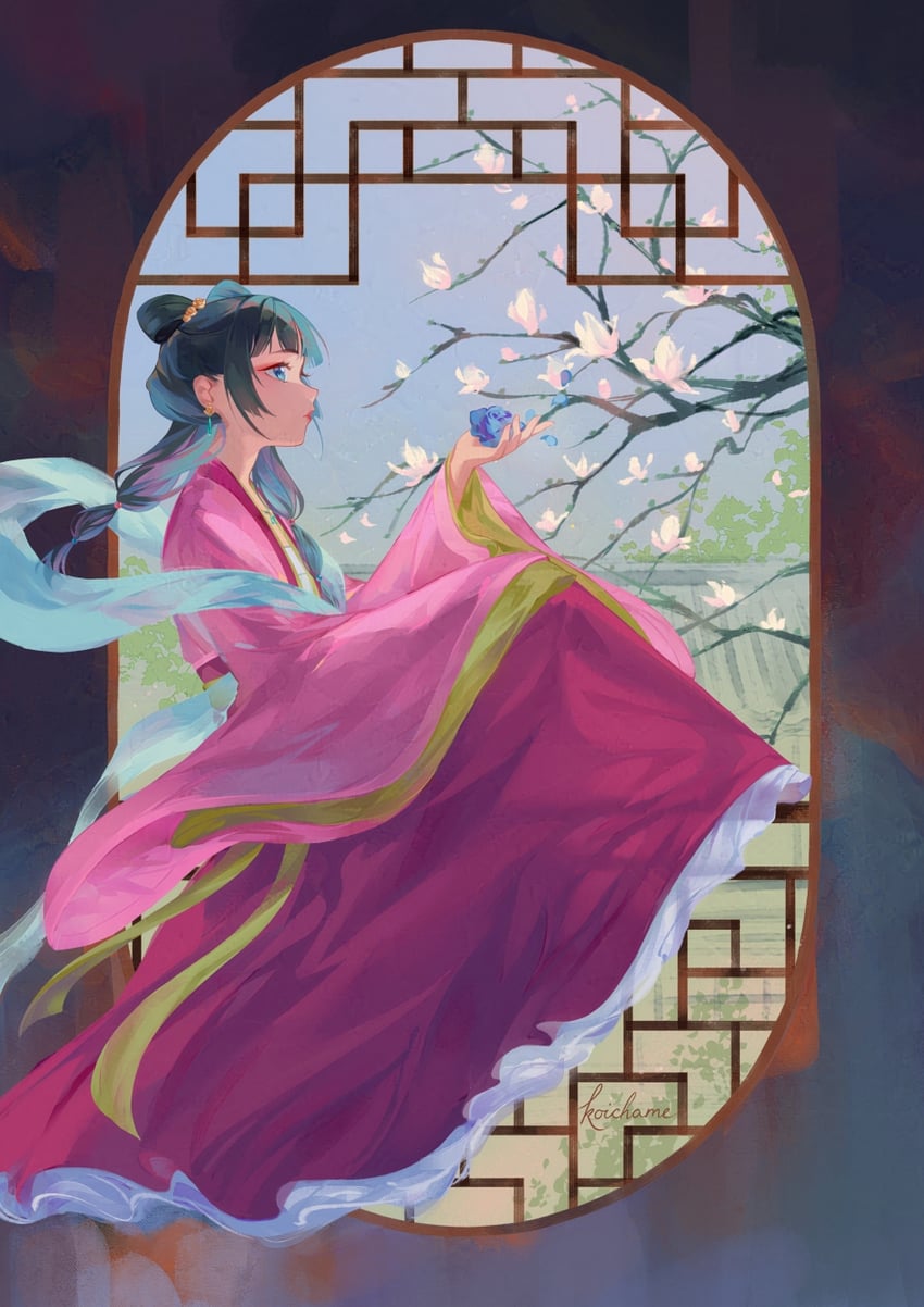 药屋少女的呢喃、猫猫 (药屋少女的呢喃) 1名女孩 蓝眼 蓝花 齐刘海 中国风服饰