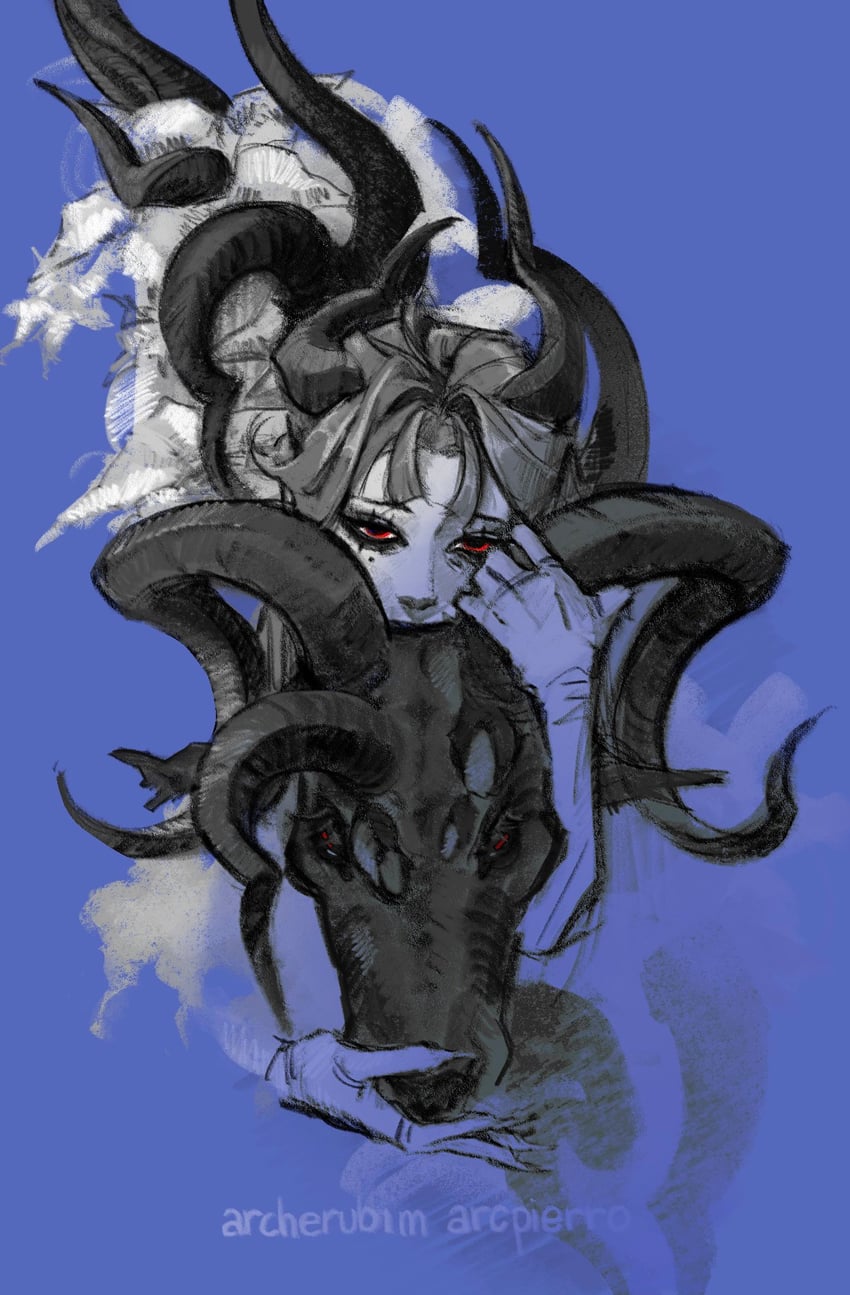 原创 1名女孩 作者名 不对称角 黑角 蓝色背景