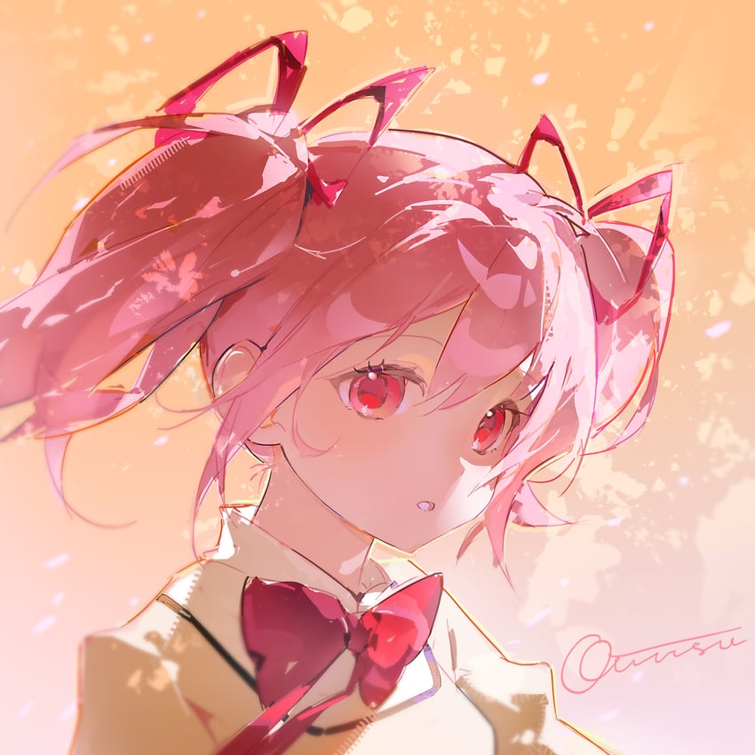 魔法少女小圆、魔法少女小圆、鹿目圆 1名女孩 蝴蝶结 蝶形领结 开襟衫 发丝垂在眼睛之间