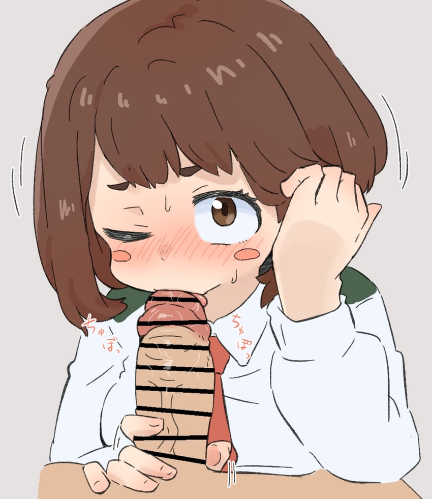 我的英雄学院、丽日御茶子 1名男孩 1名女孩 条状遮挡 棕眼睛 棕发