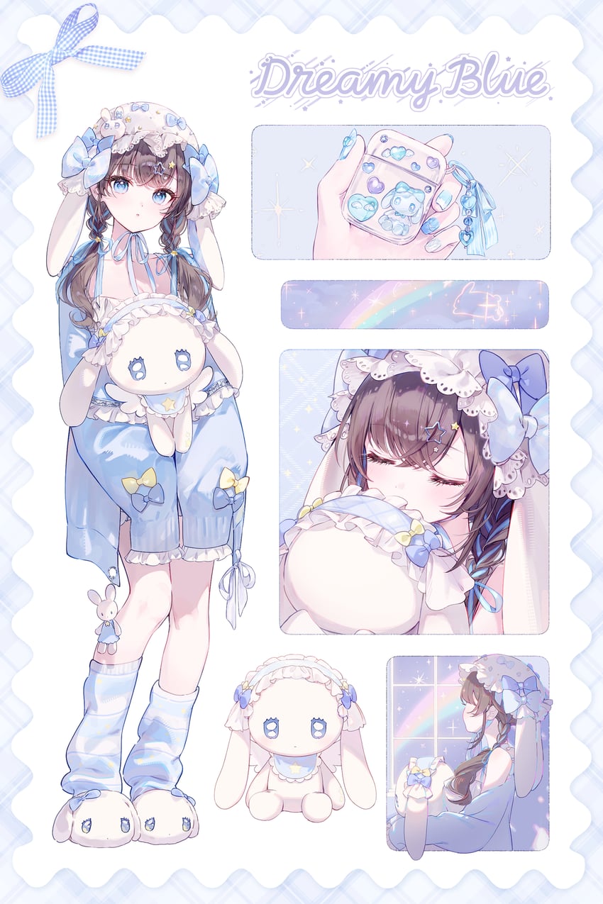 原创 1名女孩 兽耳 蓝色蝴蝶结 蓝眼 蓝色夹克
