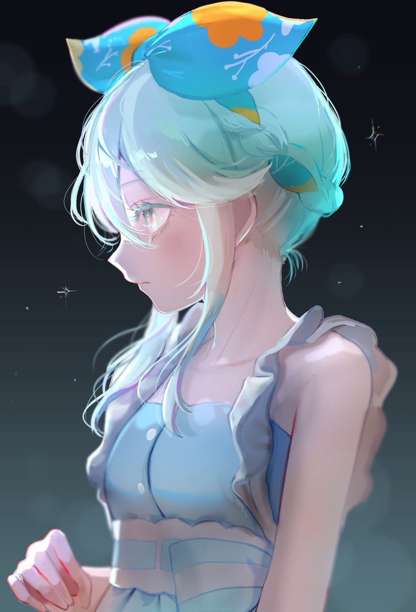 Fate/Grand Order、Fate系列、娄希 (Fate) 1名女孩 露肩 蓝色连衣裙 蓝色丝带 脸红