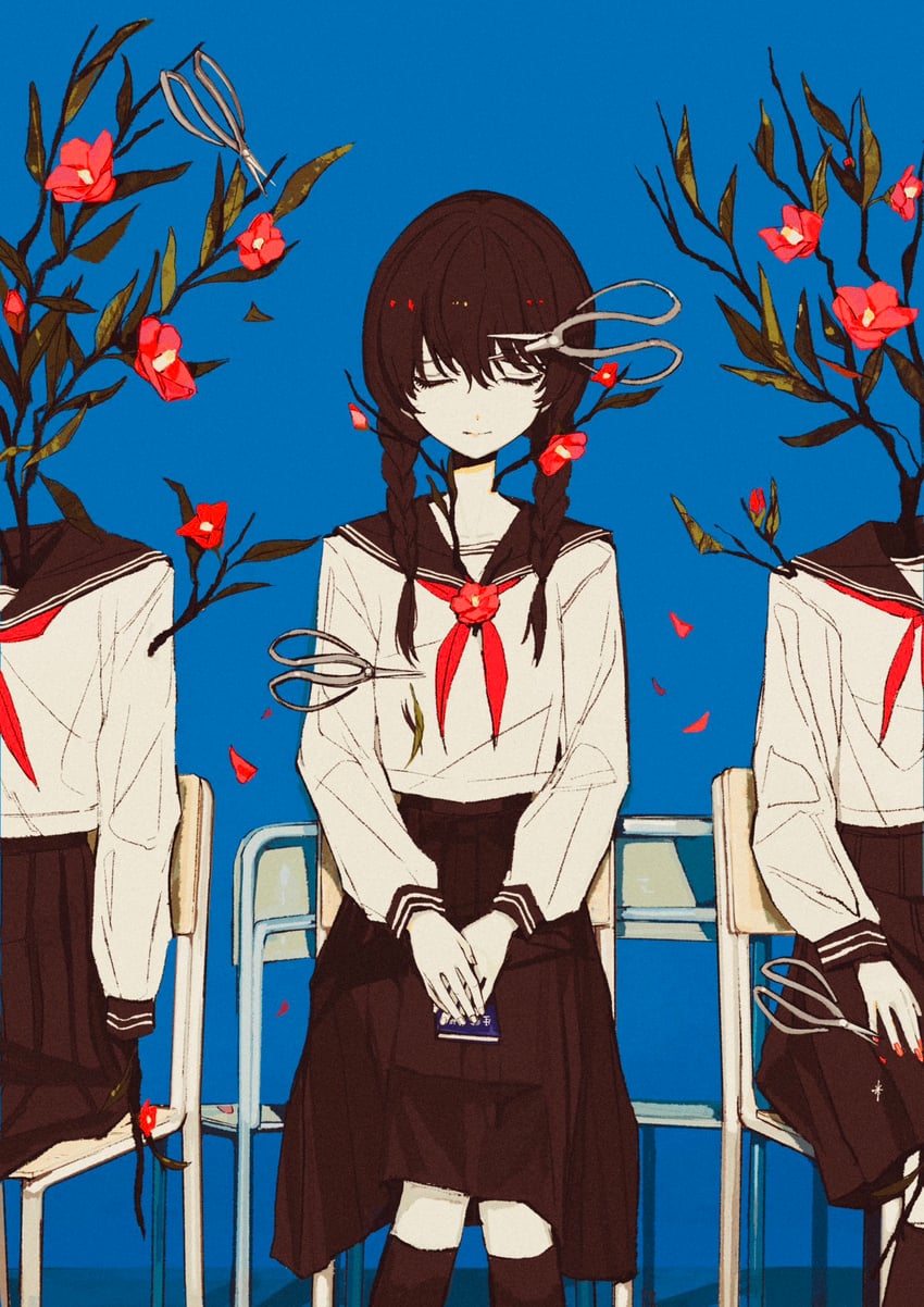 原创 黑发 黑色水手领 黑色裙子 蓝色背景 辫子