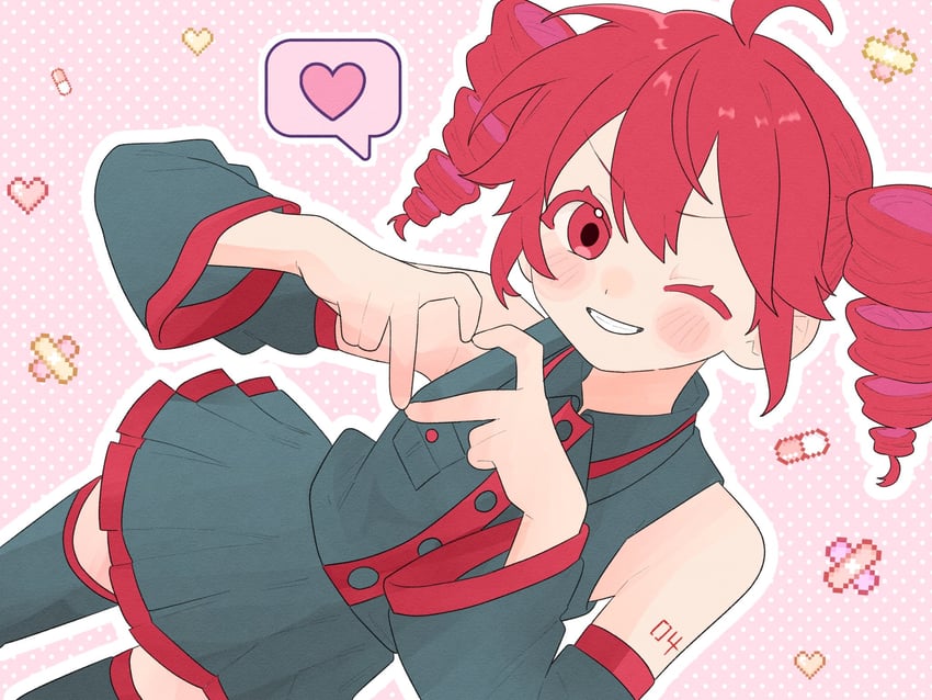 UTAU、重音Teto、重音テト (UTAU) 1名女孩 露肩袖 钻头发 四指比心 灰色衬衫