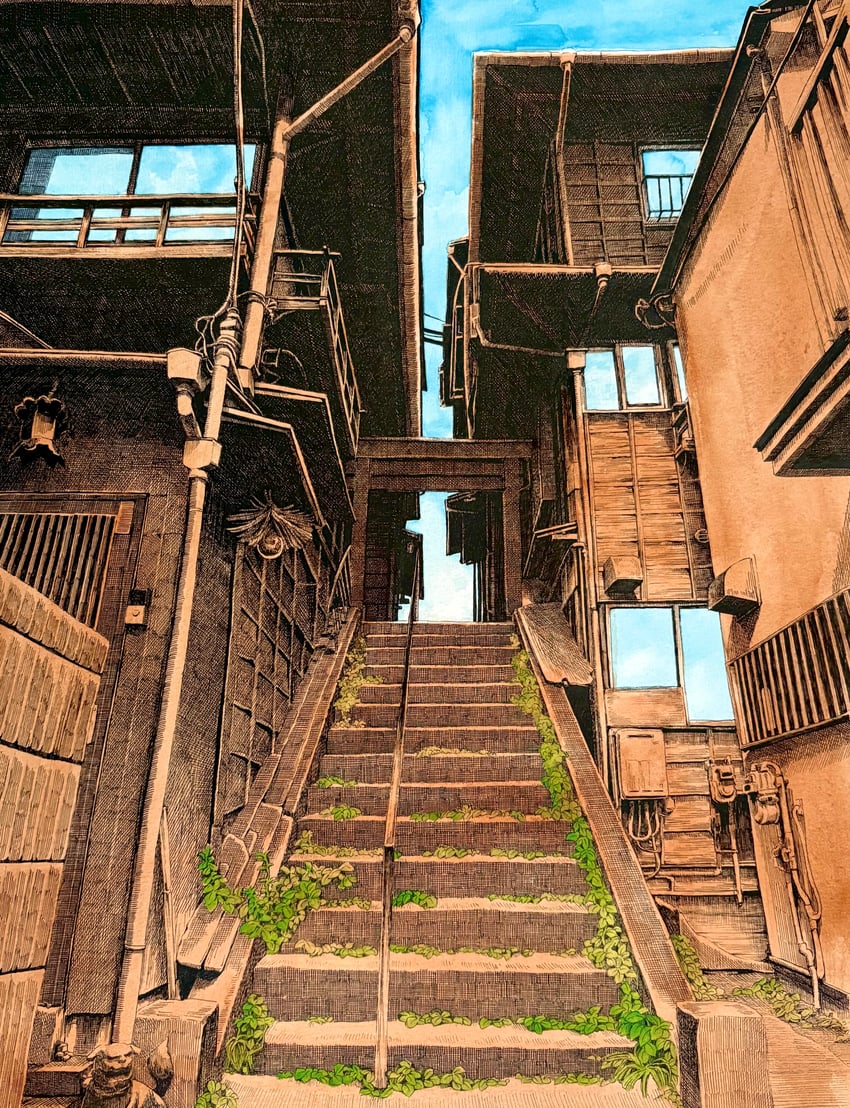 原创 小巷 蓝天 建筑物 互补色 白天