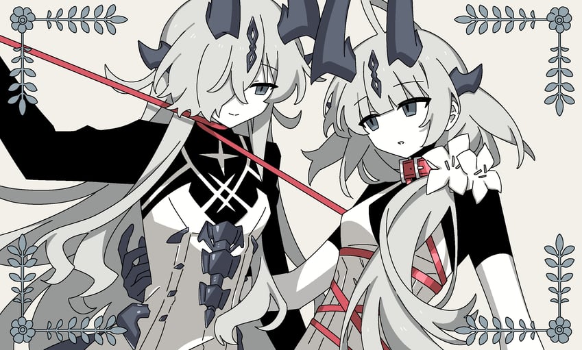明日方舟、dandan inu ni naru (mass)、止颂 (明日方舟) 2名女孩 动物项圈 黑角 乳房 项圈