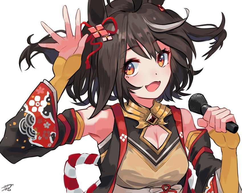 赛马娘、北部玄驹 (锦上之花) (赛马娘)、北部玄驹 (赛马娘) 1名女孩 兽耳 露肩 黑色宝石 黑发