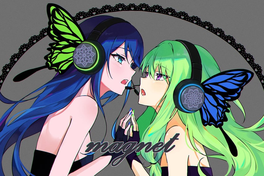 Magnet (Vocaloid)、世界计划、星乃一歌 (世界计划) 2名女孩 露肩 黑色连衣裙 黑色手套 蓝眼