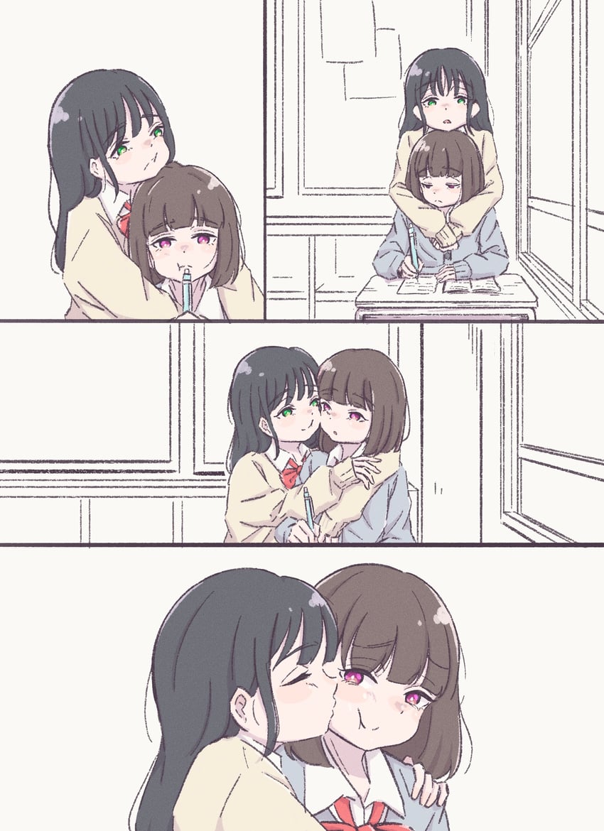 原创 2名女孩 :t 搂脖子 黑发 蓝色针织衫
