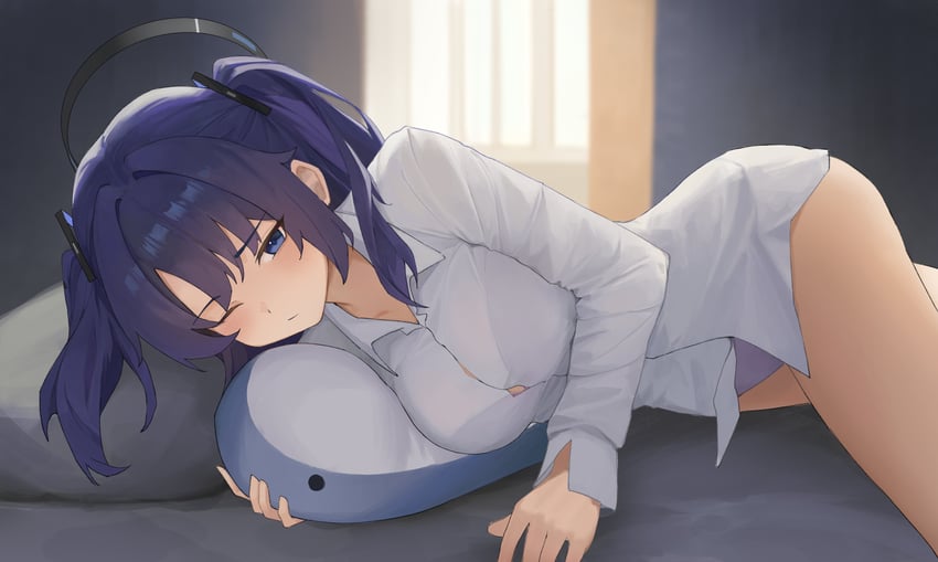 蔚蓝档案、早濑优香 1名女孩 黑色光环 蓝眼 模糊 模糊背景