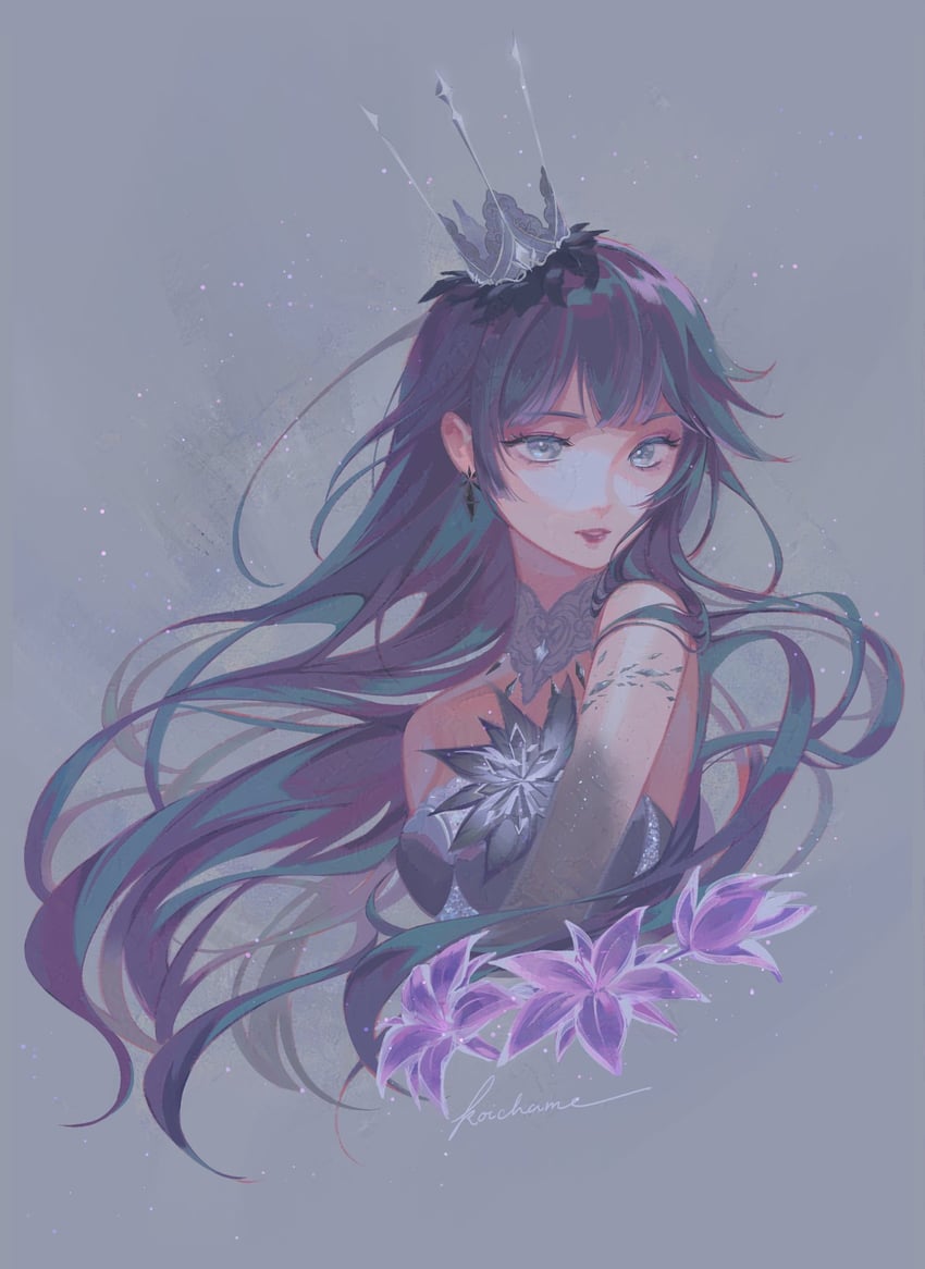 无限暖暖、暖暖系列、philomia (infinity nikki) 1名女孩 露肩 黑色皇冠 黑色连衣裙 黑花