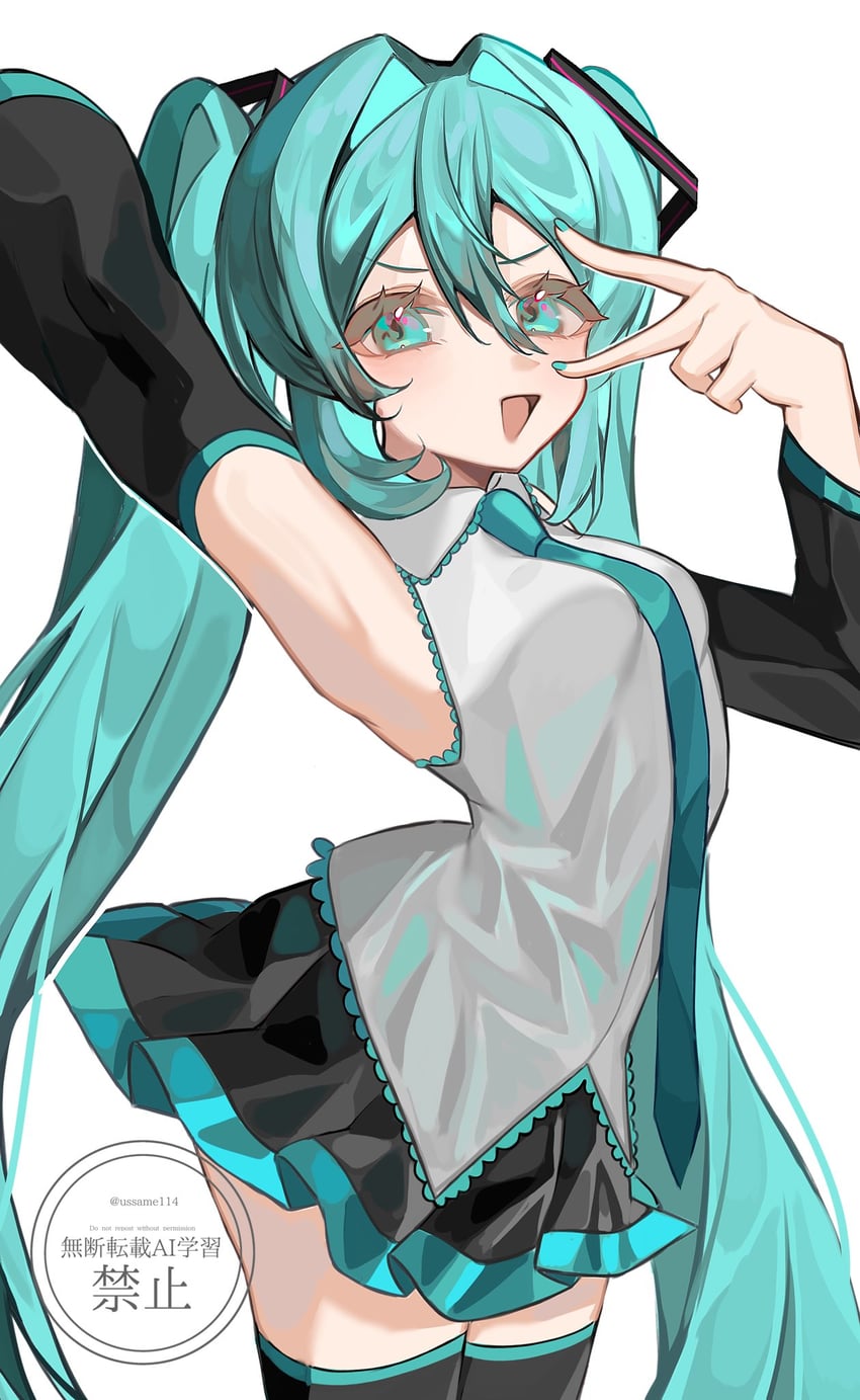 VOCALOID、初音未来 1名女孩 水色瞳 水色发 水蓝色指甲 水蓝色领带