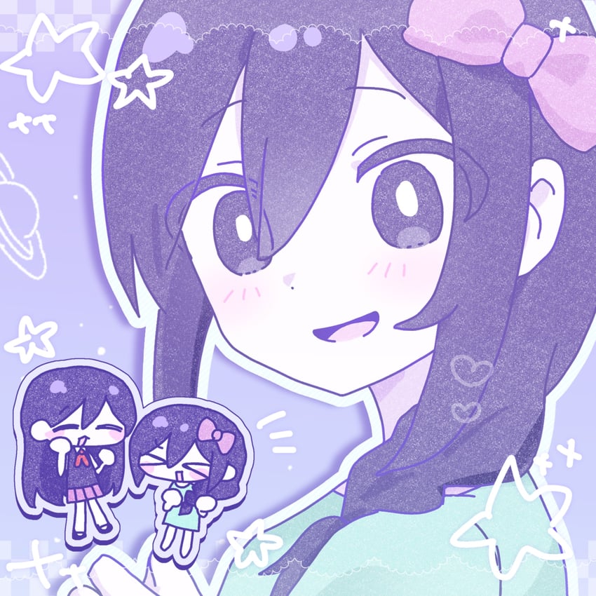 OMORI、奥布里 (脑内世界) (OMORI)、Aubrey (OMORI) 2名女孩 闭眼挤眼 不同发型 赤脚 蓝色衬衫