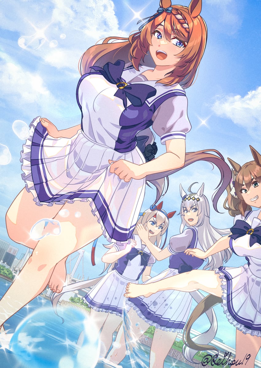 赛马娘、稻荷一 (赛马娘)、小栗帽 (赛马娘) 4个女孩 兽耳 赤脚 蓝眼 蓝天