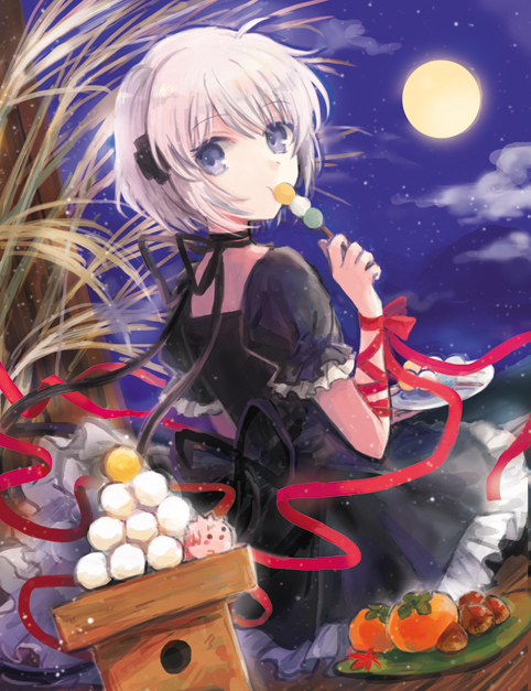 Rewrite、Q版飞蛾、篝 (Rewrite) 1名女孩 :t 呆毛 臂部丝带 黑色连衣裙