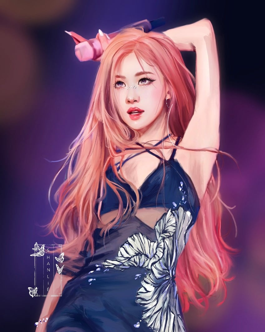 BLACKPINK、Rosé (BLACKPINK) 1名女孩 举手 黑色眼线 连衣裙 耳环