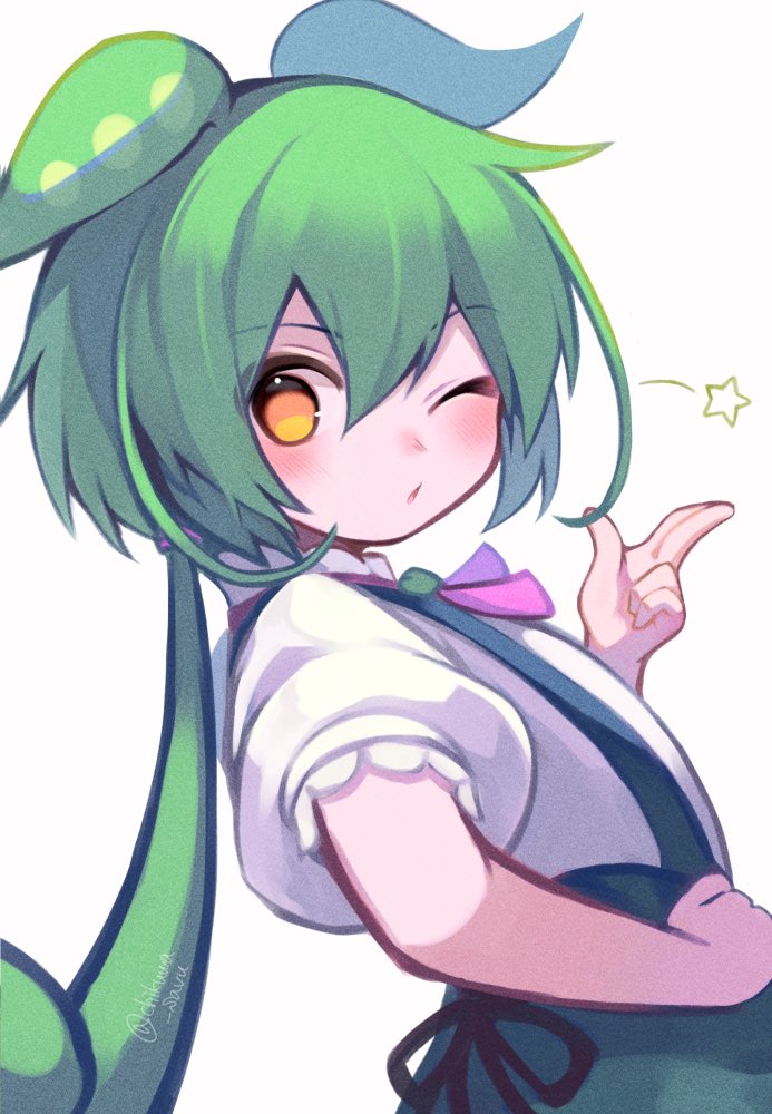 VOICEROID、东北俊达萌 1名女孩 飞吻 侧视 绿发 绿色吊带裤