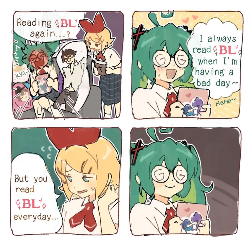 腐女子的告白、VOCALOID、布鲁诺（Vocaloid） 2名女孩 四格漫画 闭眼挤眼 呆毛 水色发