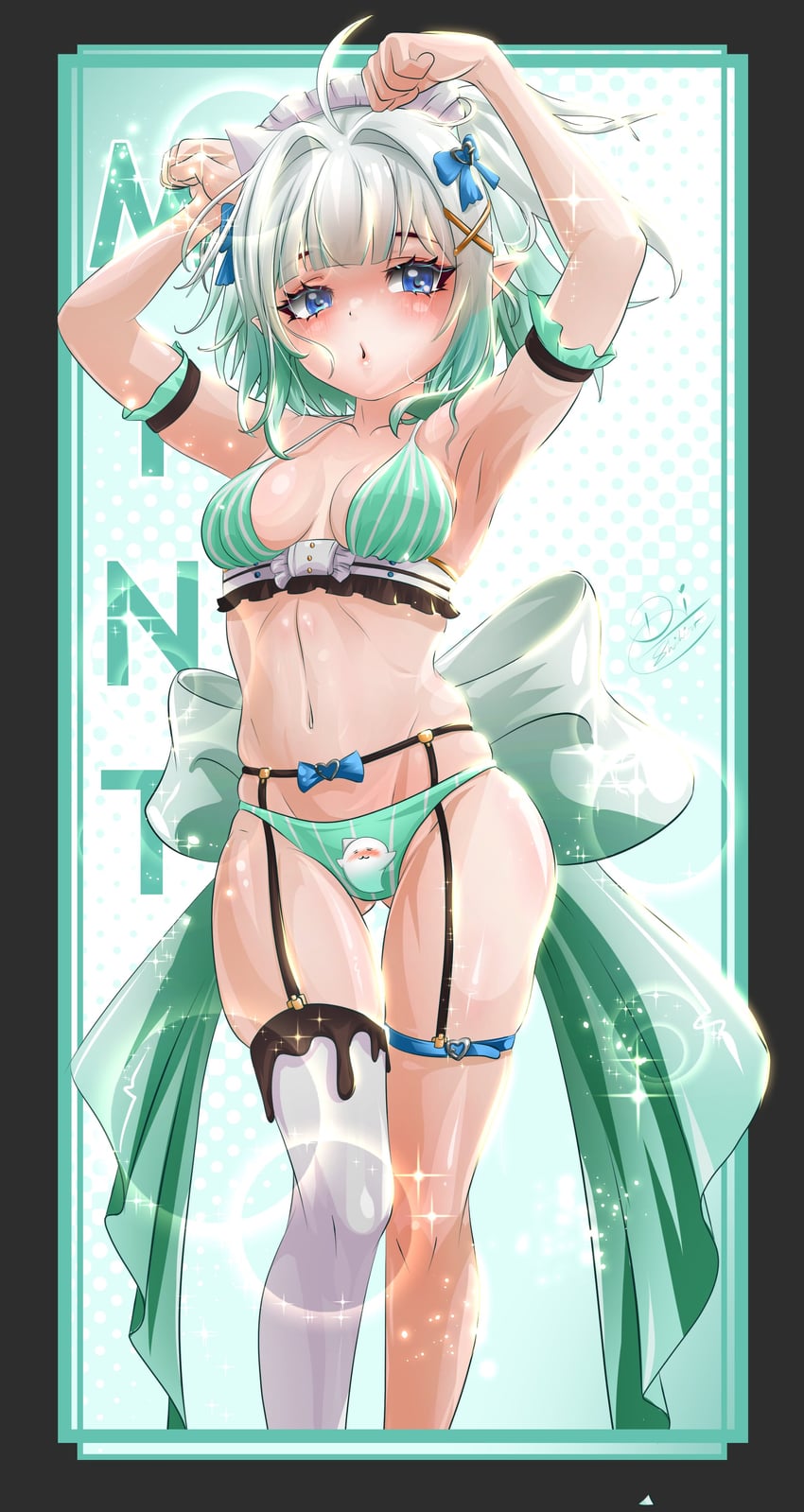 传说.exe、冥土 (Mint Fantome) 1名女孩 呆毛 腋下 举起双手 大腿间可见臀部
