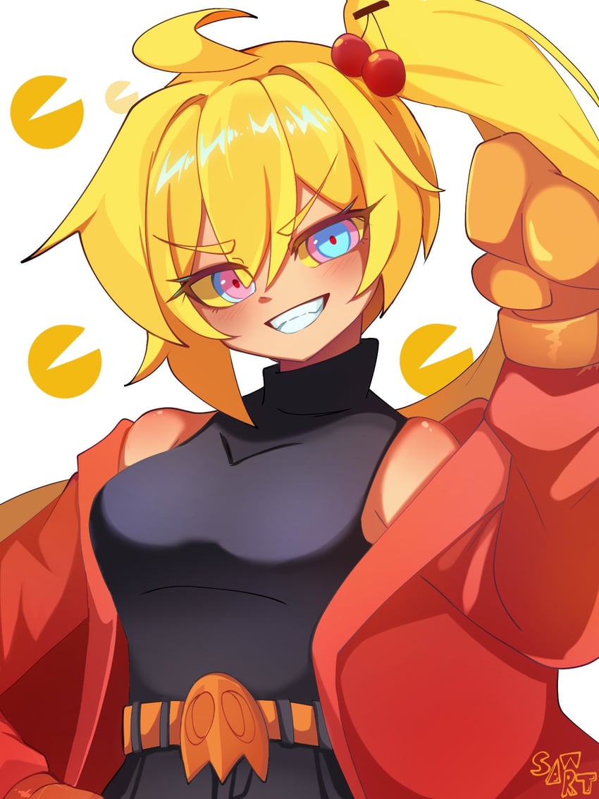 pac-fanatic (utau)、吃豆人、UTAU 1名女孩 呆毛 替换服装 露肩 腰带