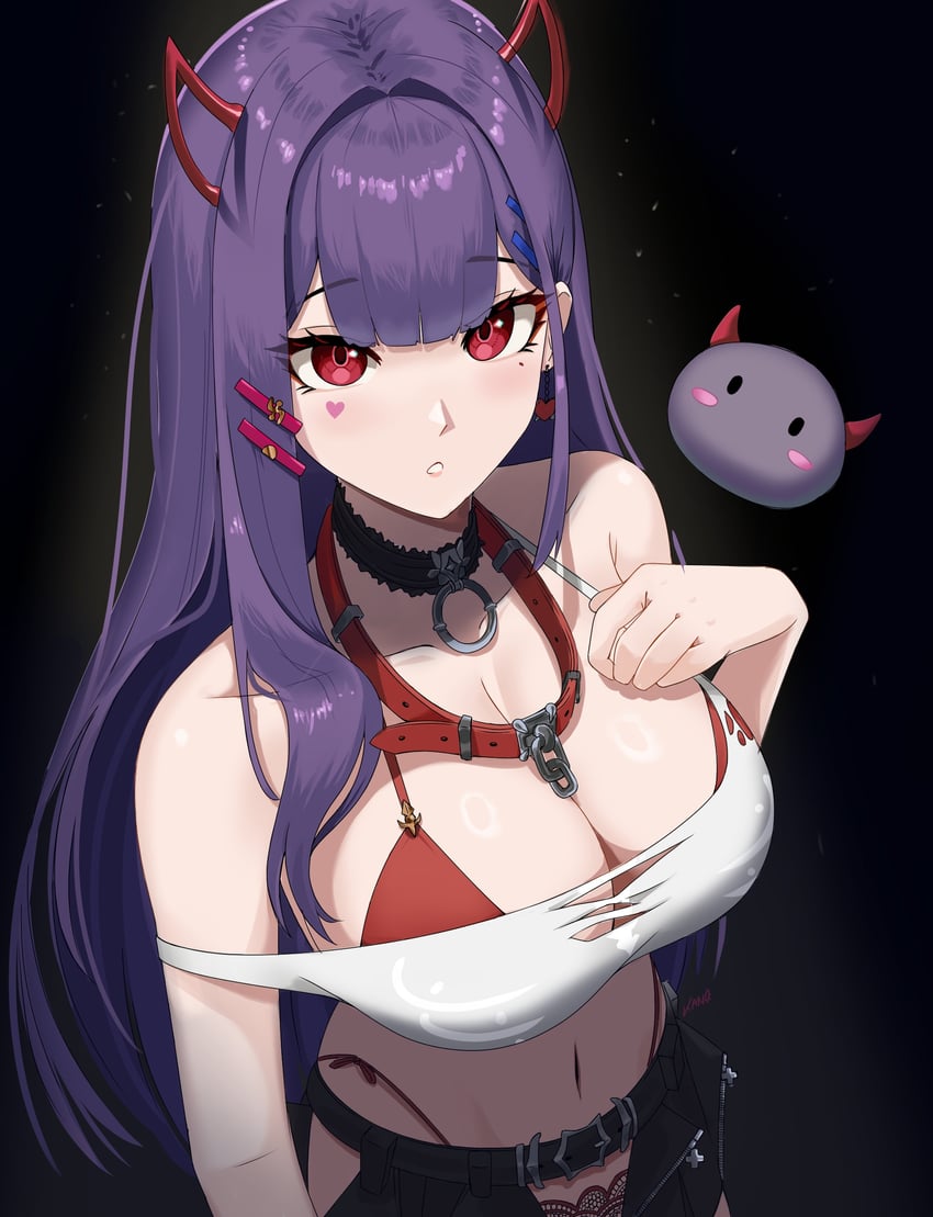 个人势虚拟主播、Akuma Nihmune、恶魔尼姆涅 (恶魔往昔) 1名女孩 黑色裙子 胸罩 乳房 乳沟